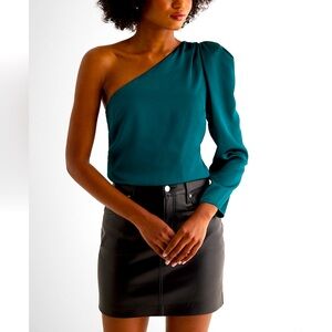 NWT Express XL Deep Teal Satin One Shoulder Puff Sleeve Top